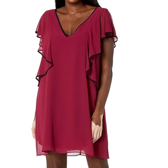BCBGeneration Turned Extended Ruffle sleeve mini dress Garnet with black trim S - Picture 1 of 9